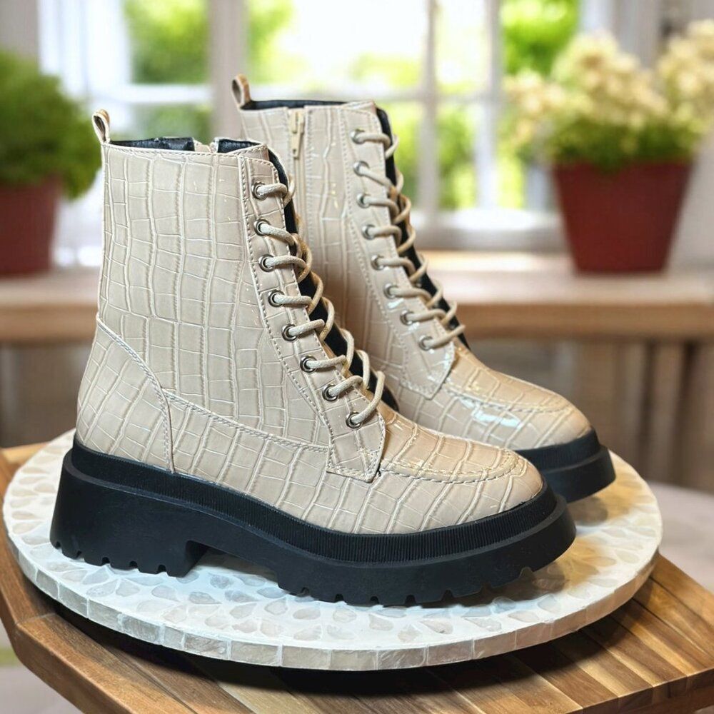 Topshop Kara Lace-Up Combat Boots Croc Embossed Beige Lug Sole Women’s 9.5 / 40 - Picture 3 of 15